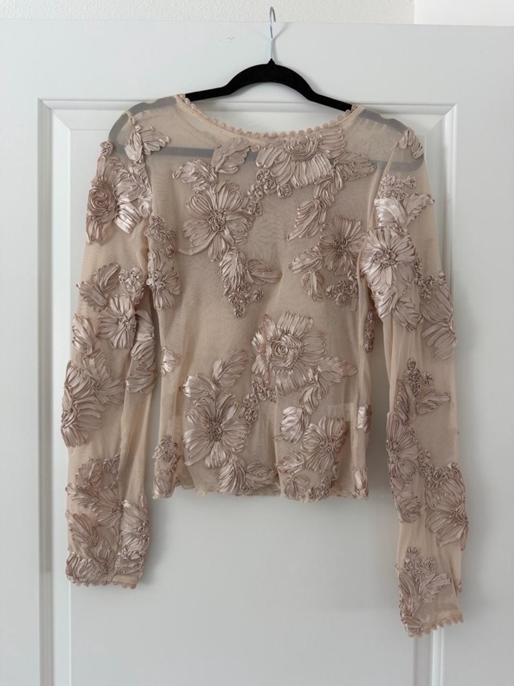Embroidered Sheer Floral Long-Sleeve Top in Nude